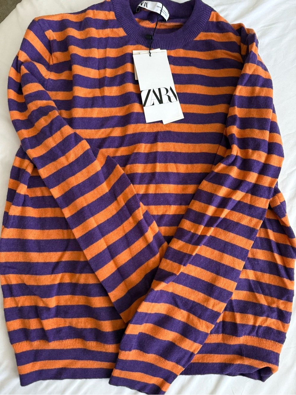 Zara Purple and Orange Striped Crewneck Sweater